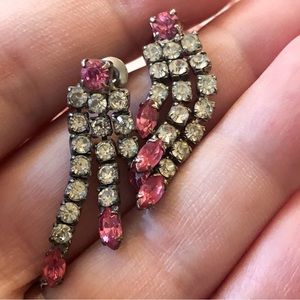 Vintage MCM pink & clear rhinestone dangle post earrings Showgirl